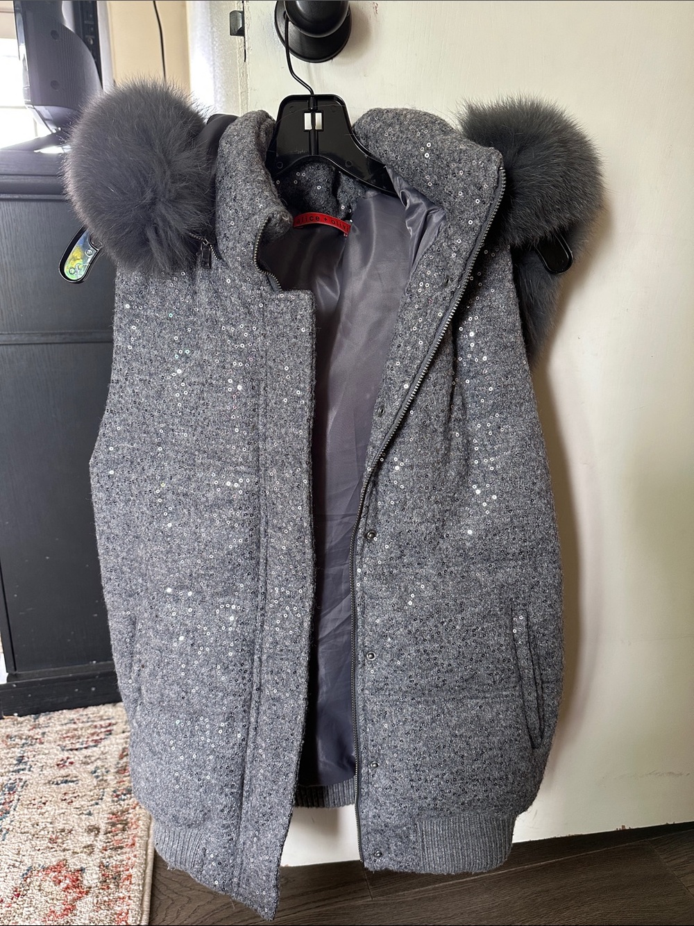 Alice + Olivia Gray Sequin Quilted Jacket with Satin Lining